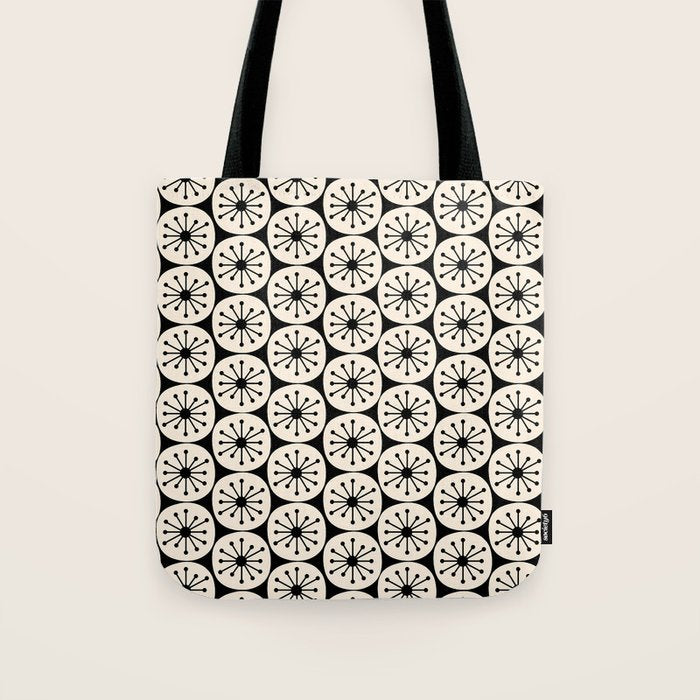 Mid Century Modern Atomic Dots Fun Retro Black and Cream Pattern Tote Bag Gallery Image 1