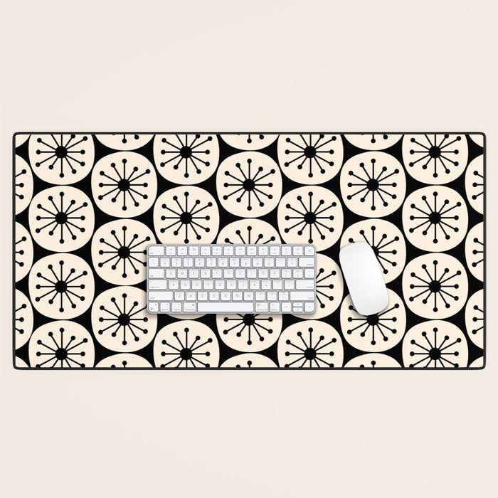 Mid Century Modern Atomic Dots Fun Retro Black and Cream Pattern Desk Mat Gallery Image 1