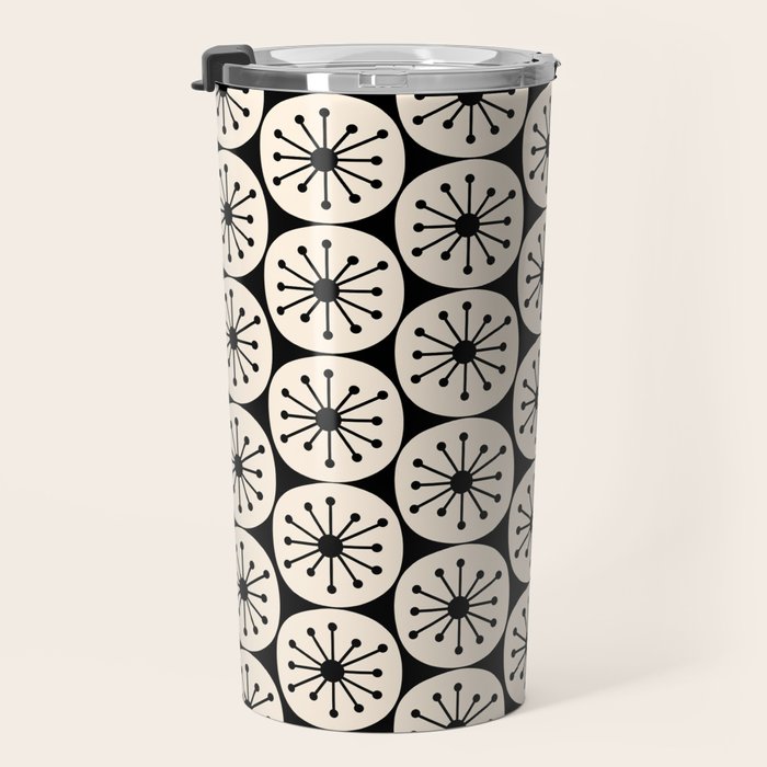 Mid Century Modern Atomic Dots Fun Retro Black and Cream Pattern Travel Mug Gallery Image 3