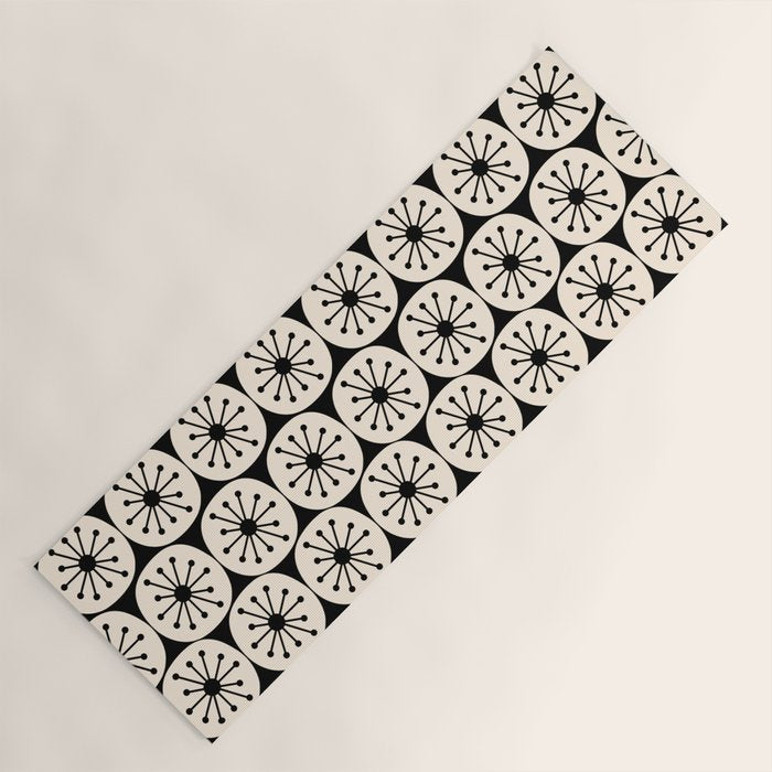 Mid Century Modern Atomic Dots Fun Retro Black and Cream Pattern Yoga Mat Gallery Image 1
