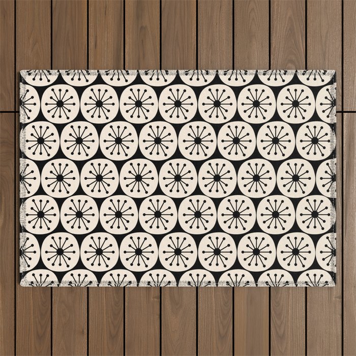 Mid Century Modern Atomic Dots Fun Retro Black and Cream Pattern Outdoor Rug Gallery Image 1