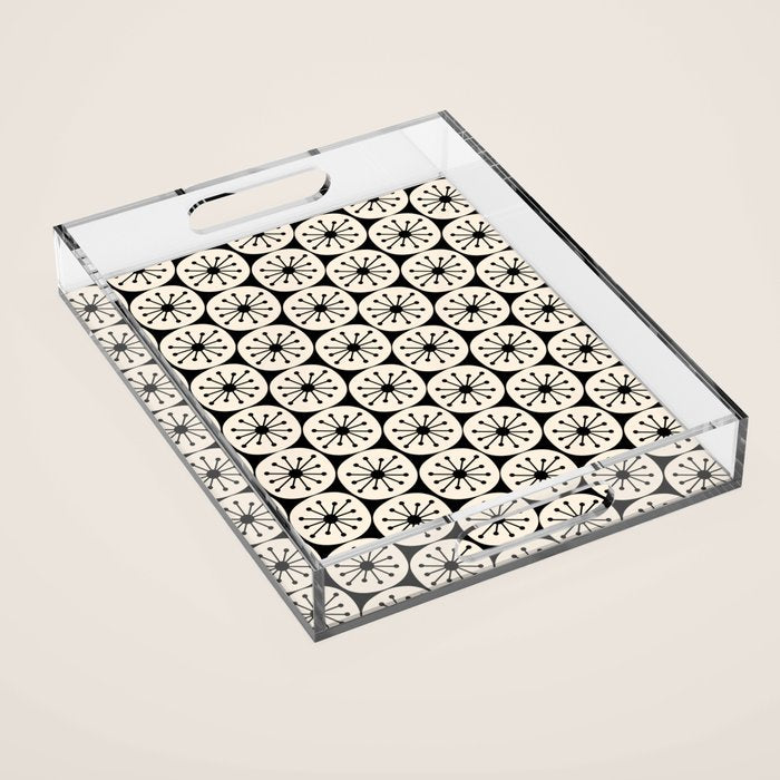 Mid Century Modern Atomic Dots Fun Retro Black and Cream Pattern Acrylic Tray Gallery Image 1