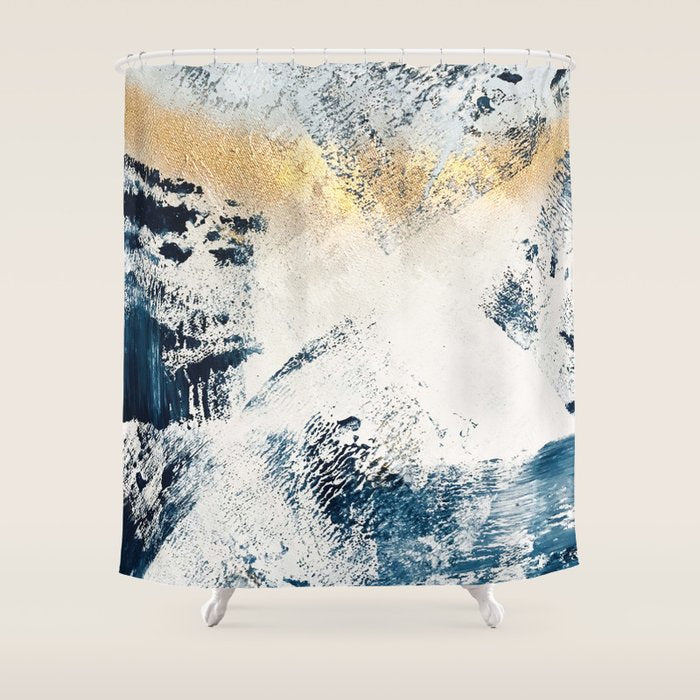 Sunset [1]: a bright, colorful abstract piece in blue, gold, and white by Alyssa Hamilton Art Shower Curtain Gallery Image 1