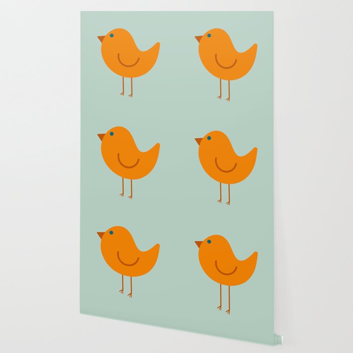Birdies - Cute Bird Pattern in Orange, Rust, and Light Aqua Wallpaper Gallery Image 2