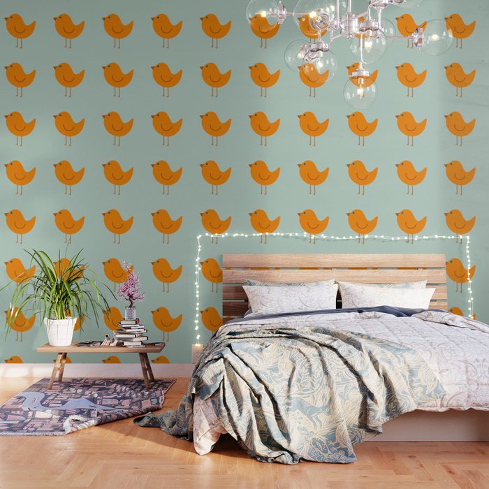 Birdies - Cute Bird Pattern in Orange, Rust, and Light Aqua Wallpaper Gallery Image 1