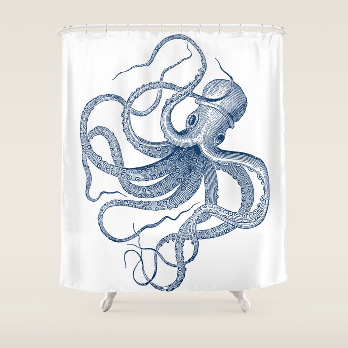 Blue nautical vintage octopus illustration Shower Curtain Gallery Image 1