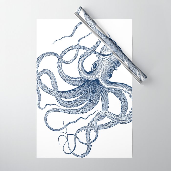 Blue nautical vintage octopus illustration Wrapping Paper Gallery Image 1
