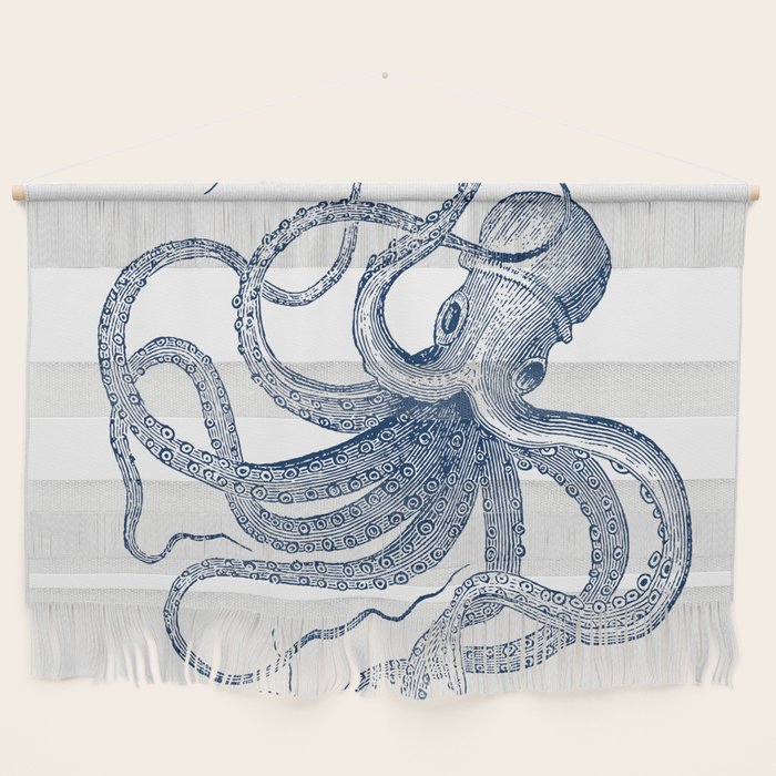 Blue nautical vintage octopus illustration Wall Hanging Gallery Image 1