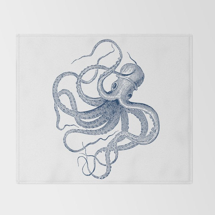 Blue nautical vintage octopus illustration Throw Blanket Gallery Image 2