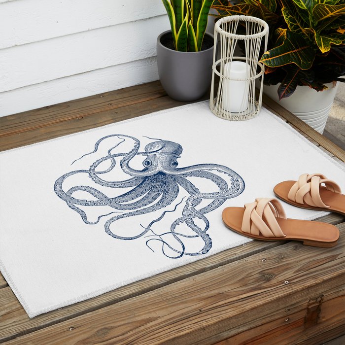 Blue nautical vintage octopus illustration Outdoor Rug Gallery Image 2