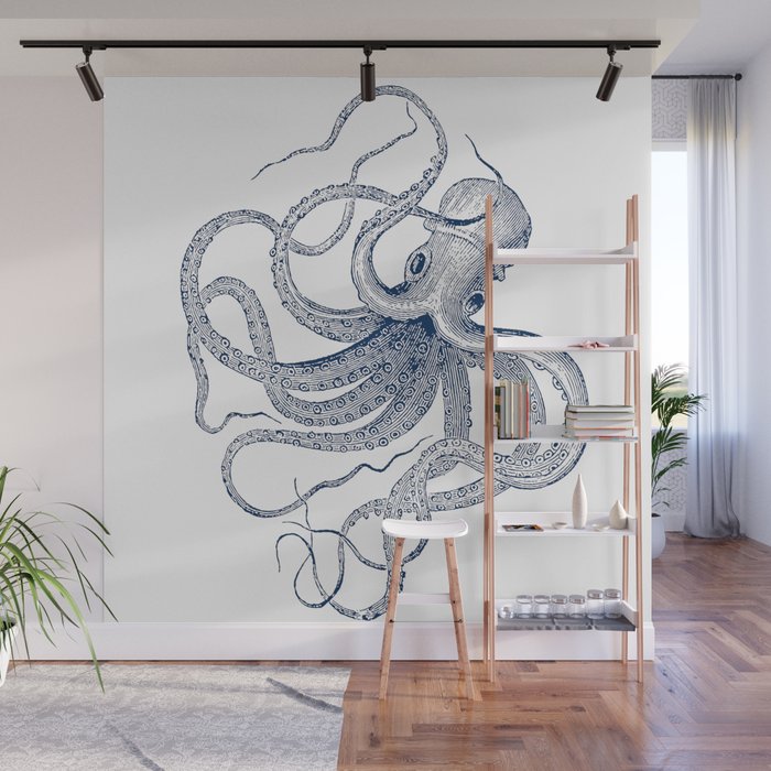 Blue nautical vintage octopus illustration Wall Mural Gallery Image 1