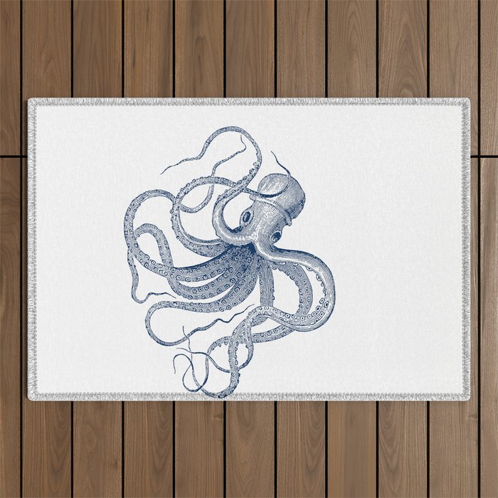 Blue nautical vintage octopus illustration Outdoor Rug Gallery Image 1
