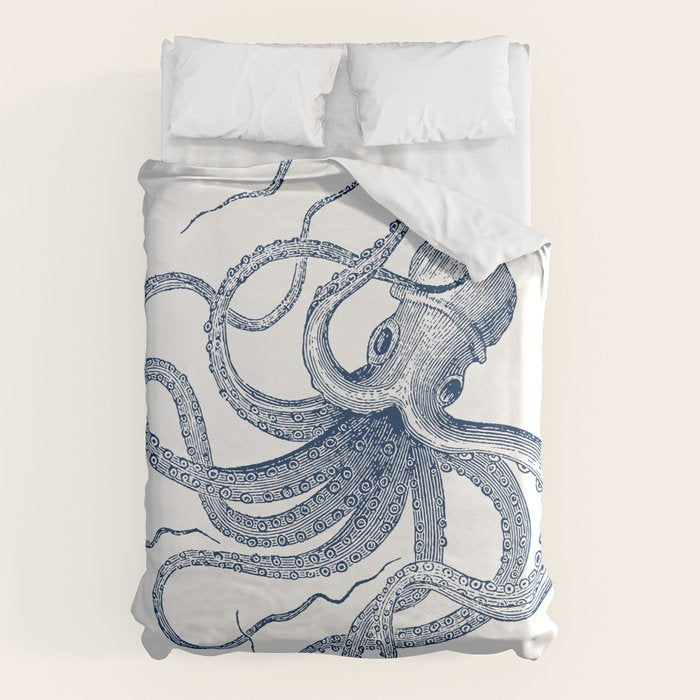 Blue nautical vintage octopus illustration Duvet Cover