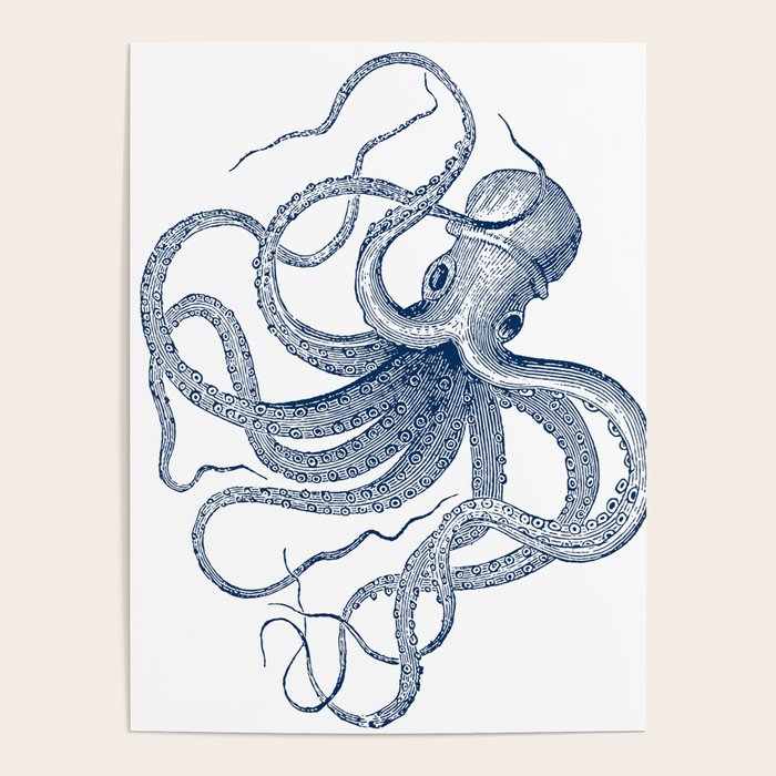 Blue nautical vintage octopus illustration Poster Gallery Image 1