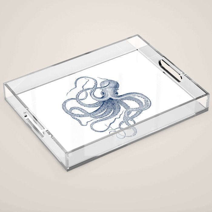 Blue nautical vintage octopus illustration Acrylic Tray Gallery Image 1