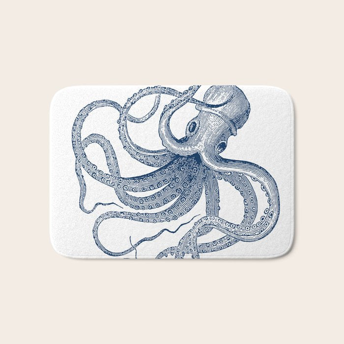 Blue nautical vintage octopus illustration Bath Mat Gallery Image 1