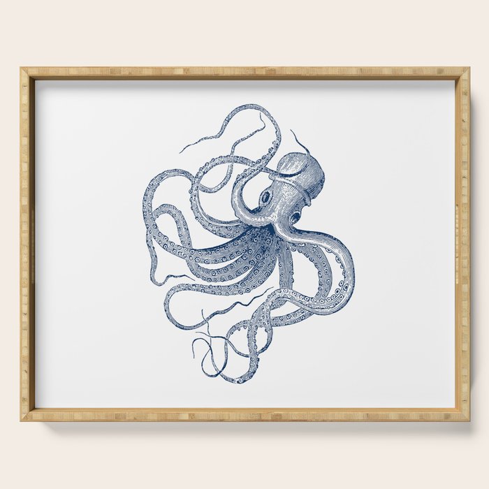 Blue nautical vintage octopus illustration Serving Tray Gallery Image 1