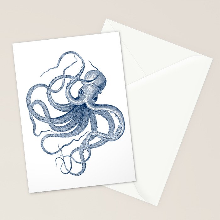 Blue nautical vintage octopus illustration Stationery Card Gallery Image 2