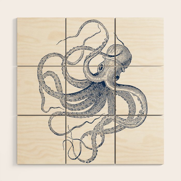 Blue nautical vintage octopus illustration Wood Wall Art Gallery Image 1