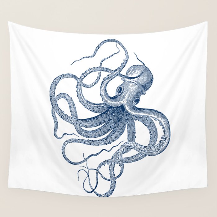 Blue nautical vintage octopus illustration Wall Tapestry Gallery Image 4