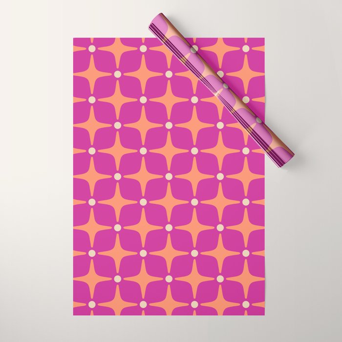 Mid Century Modern Star Pattern 143 Magenta and Orange Wrapping Paper Gallery Image 1
