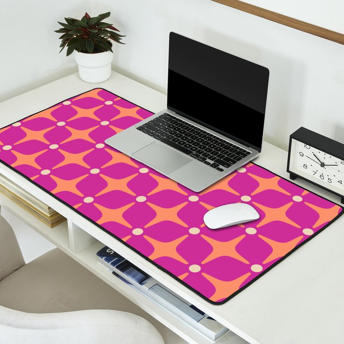 Mid Century Modern Star Pattern 143 Magenta and Orange Desk Mat Gallery Image 2