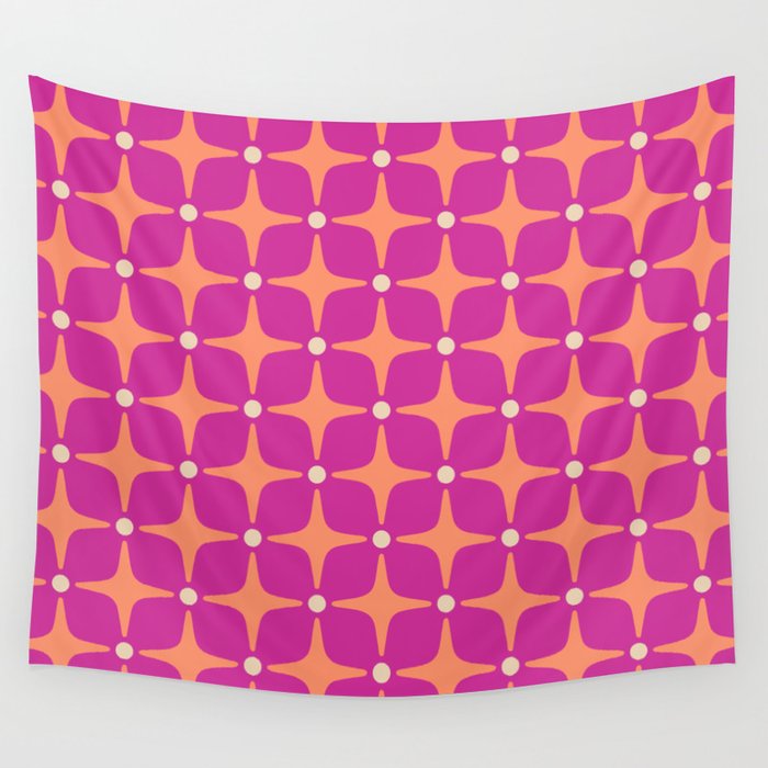 Mid Century Modern Star Pattern 143 Magenta and Orange Wall Tapestry Gallery Image 4