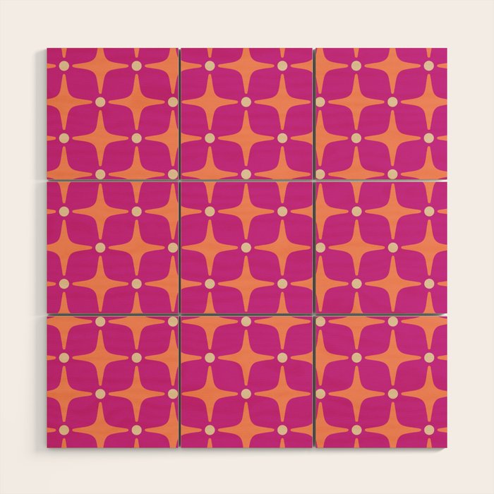 Mid Century Modern Star Pattern 143 Magenta and Orange Wood Wall Art Gallery Image 1