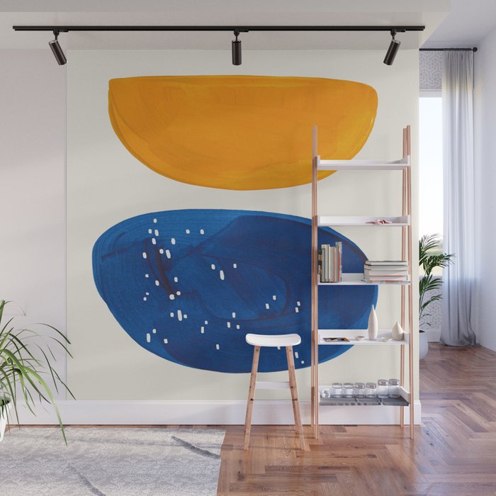 Minimalist Mid century Painting Colorful Yellow Blue Shapes Patterns Wall Mural Gallery Image 1