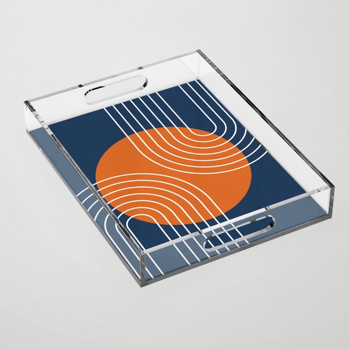 Mid Century Modern Geometric 161 Sun Rainbow abstract in Navy Blue Orange Acrylic Tray Gallery Image 1