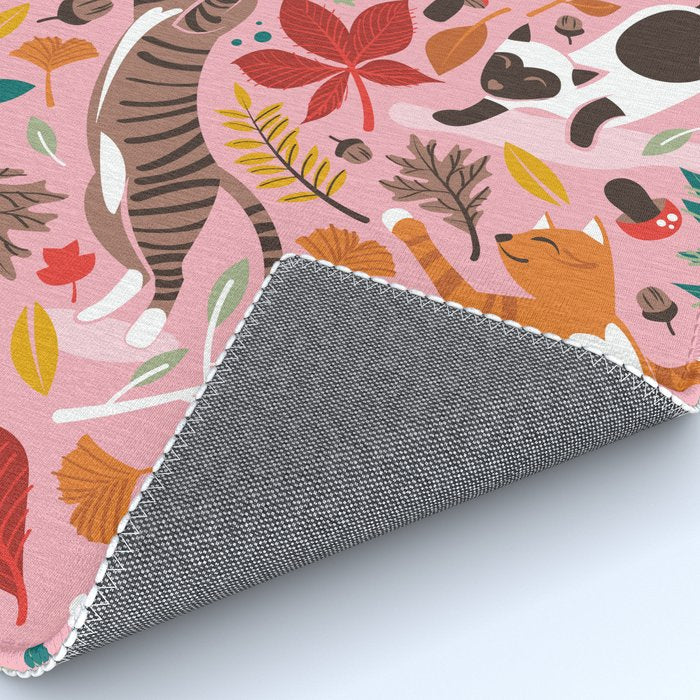 Autumn joy // light pink background cats dancing with many leaves in fall colors Rug Gallery Image 4