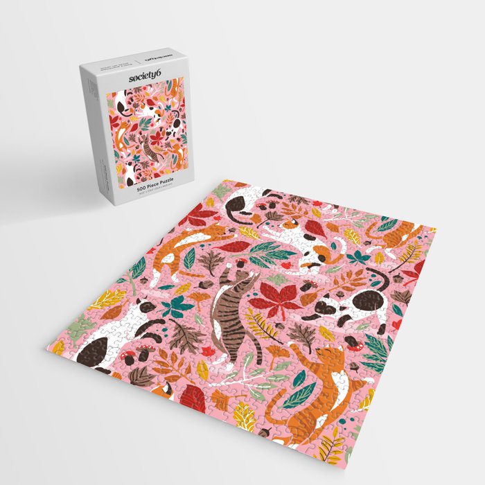 Autumn joy // light pink background cats dancing with many leaves in fall colors Jigsaw Puzzle Gallery Image 2