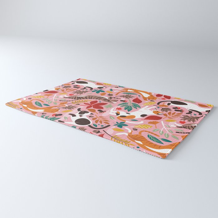 Autumn joy // light pink background cats dancing with many leaves in fall colors Rug Gallery Image 3