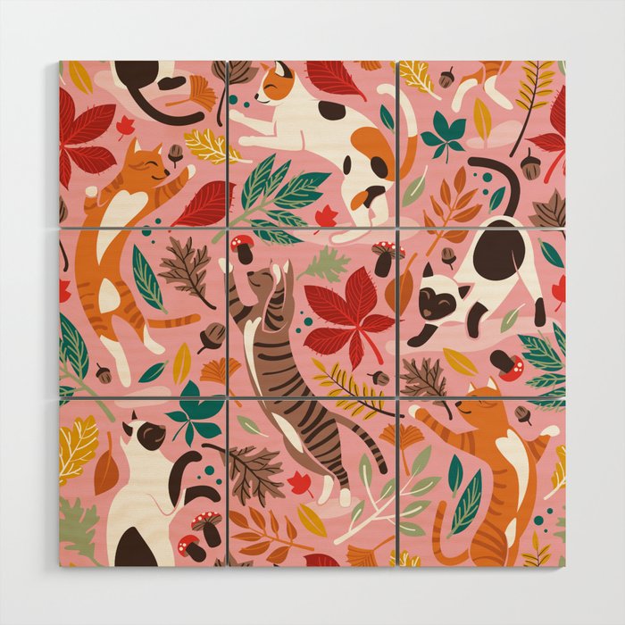 Autumn joy // light pink background cats dancing with many leaves in fall colors Wood Wall Art Gallery Image 1