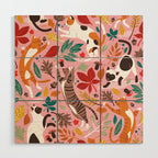 Autumn joy // light pink background cats dancing with many leaves in fall colors Wood Wall Art Gallery Image 1