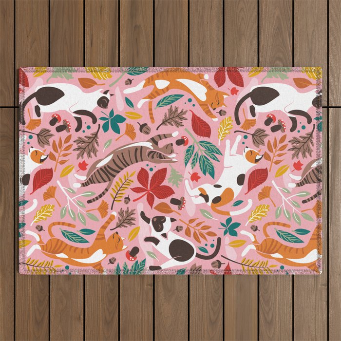 Autumn joy // light pink background cats dancing with many leaves in fall colors Outdoor Rug Gallery Image 1