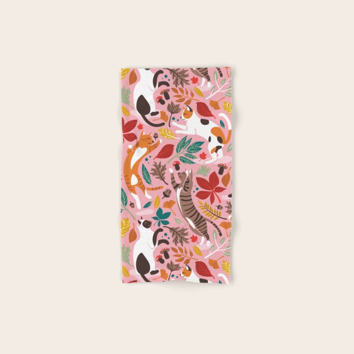 Autumn joy // light pink background cats dancing with many leaves in fall colors Bath Towel Gallery Image 1