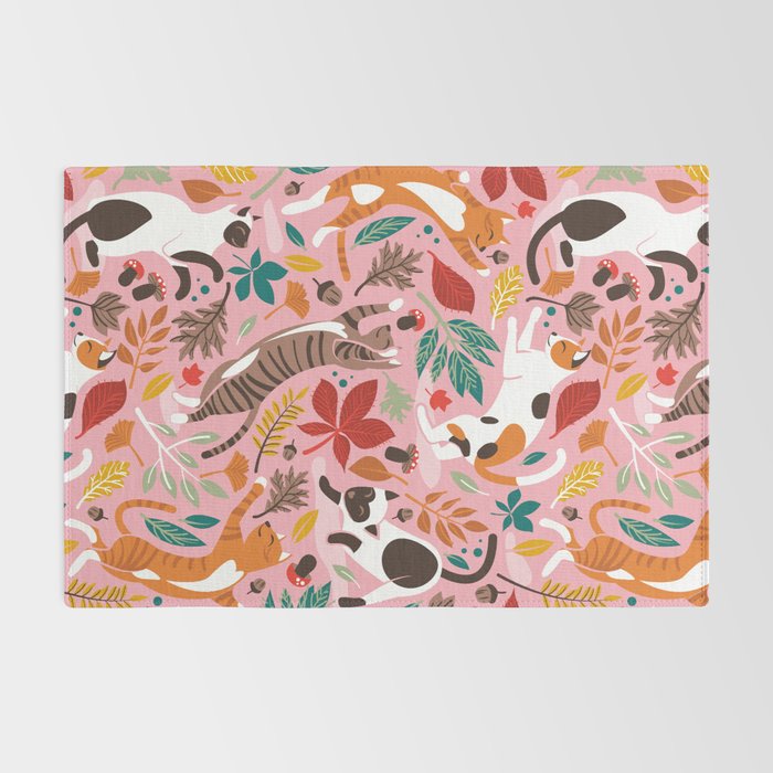 Autumn joy // light pink background cats dancing with many leaves in fall colors Rug Gallery Image 2