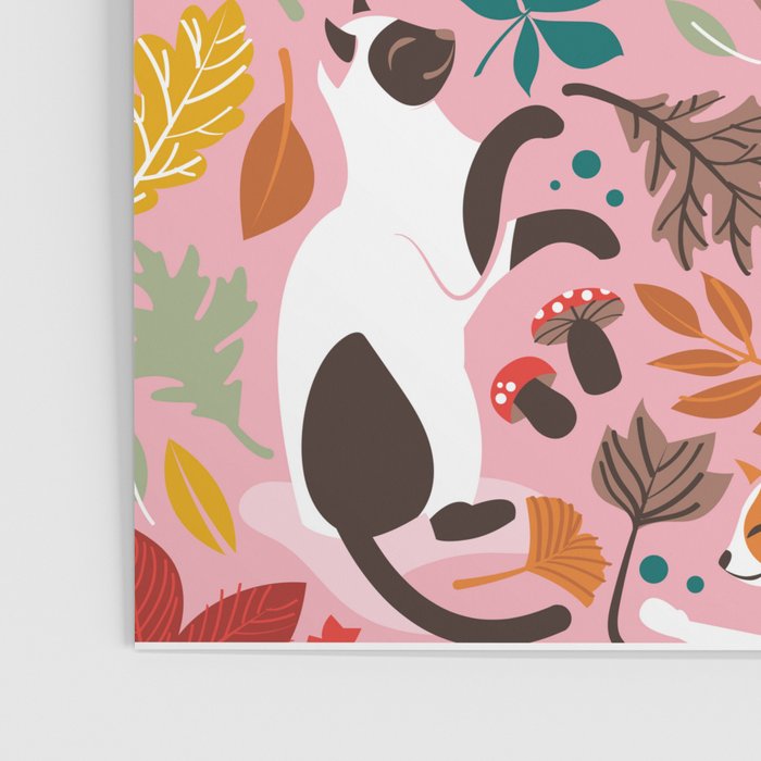 Autumn joy // light pink background cats dancing with many leaves in fall colors Poster Gallery Image 3