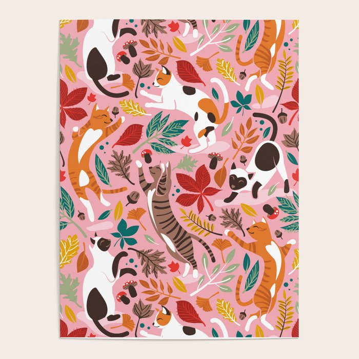 Autumn joy // light pink background cats dancing with many leaves in fall colors Poster Gallery Image 4