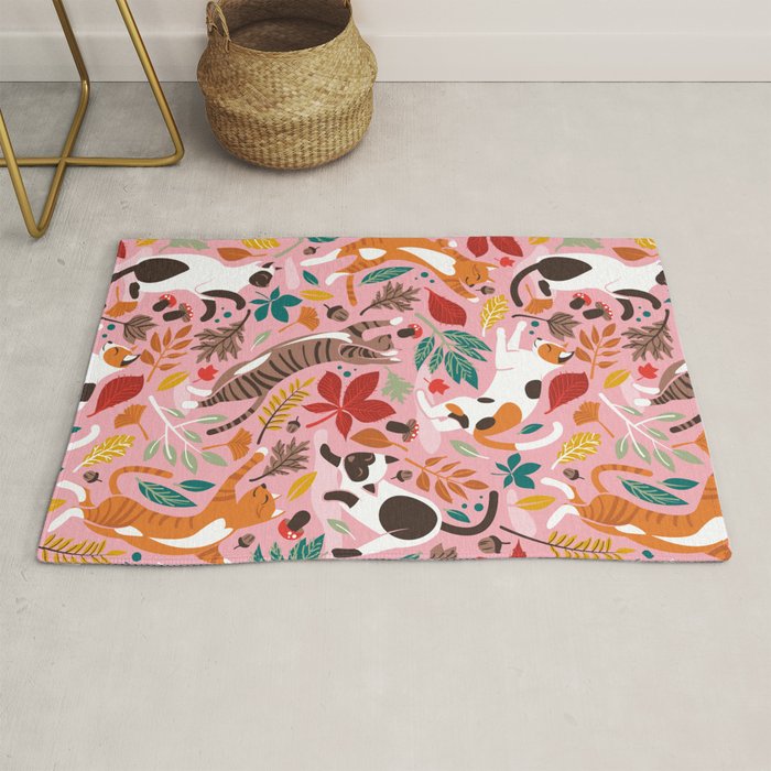 Autumn joy // light pink background cats dancing with many leaves in fall colors Rug Gallery Image 1