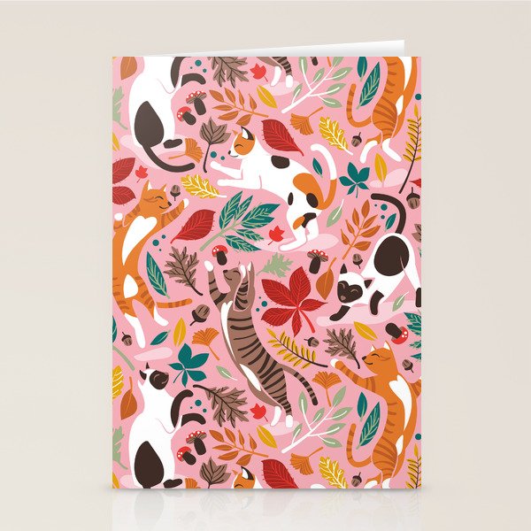 Autumn joy // light pink background cats dancing with many leaves in fall colors Stationery Card Gallery Image 2