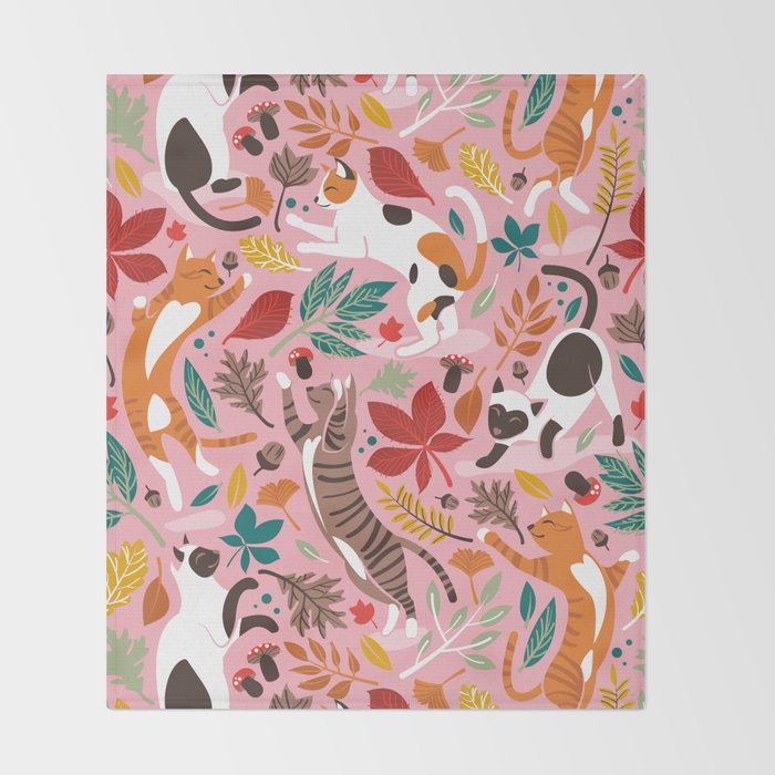 Autumn joy // light pink background cats dancing with many leaves in fall colors Throw Blanket Gallery Image 2