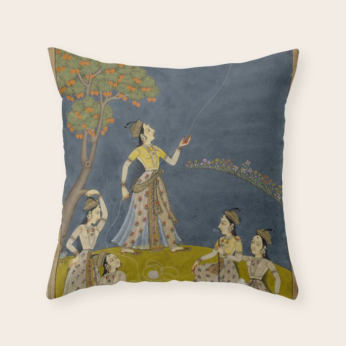 Painting of Five Women by a River with a Kite and Hookah Throw Pillow Gallery Image 1