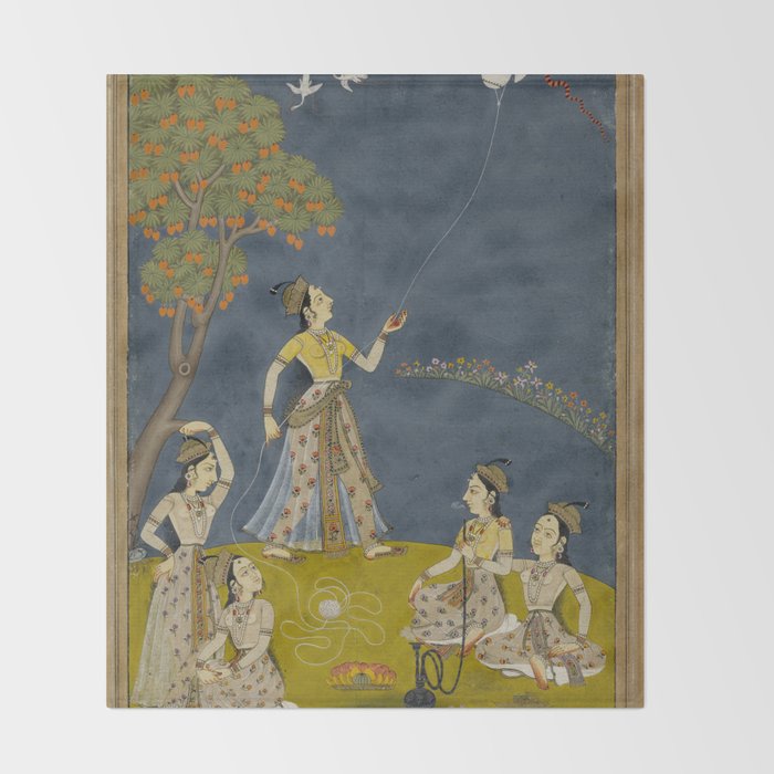 Painting of Five Women by a River with a Kite and Hookah Throw Blanket Gallery Image 2