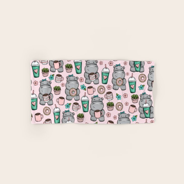Cute Little Hippo, Hippopotamus, Donuts and Coffee, Pink Print For Girls, Little Girls, Tween Girls Bath Towel Gallery Image 1