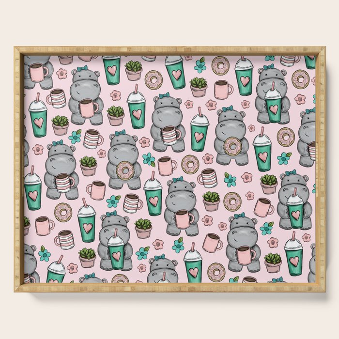 Cute Little Hippo, Hippopotamus, Donuts and Coffee, Pink Print For Girls, Little Girls, Tween Girls Serving Tray Gallery Image 1