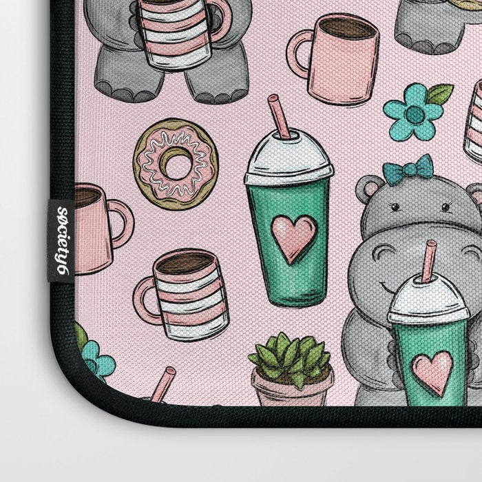 Cute Little Hippo, Hippopotamus, Donuts and Coffee, Pink Print For Girls, Little Girls, Tween Girls Laptop Sleeve Gallery Image 3