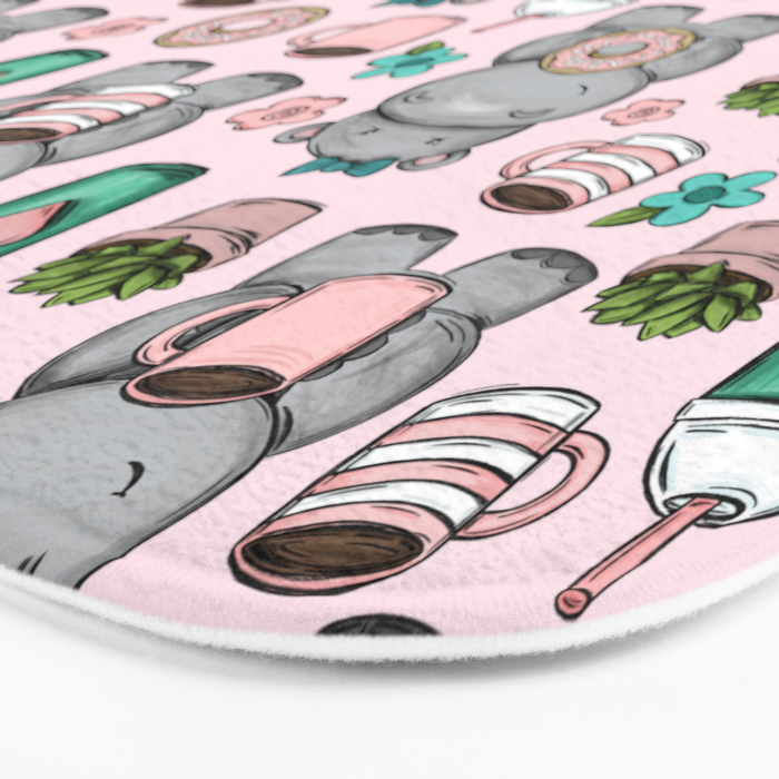 Cute Little Hippo, Hippopotamus, Donuts and Coffee, Pink Print For Girls, Little Girls, Tween Girls Bath Mat Gallery Image 3