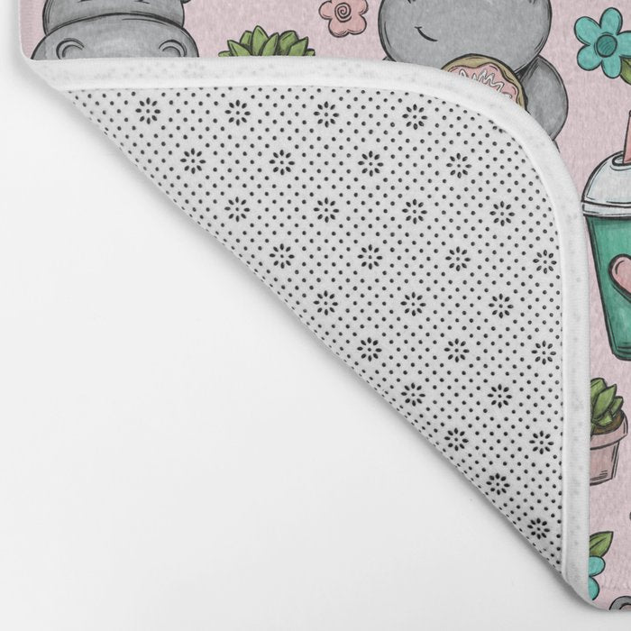 Cute Little Hippo, Hippopotamus, Donuts and Coffee, Pink Print For Girls, Little Girls, Tween Girls Bath Mat Gallery Image 2